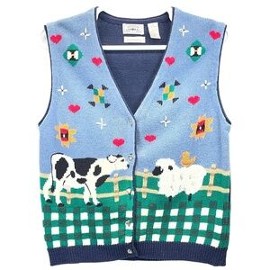 Vintage Countryside Classics Womens Hand Knit Farm Scene Cottage Core Vest XLTG